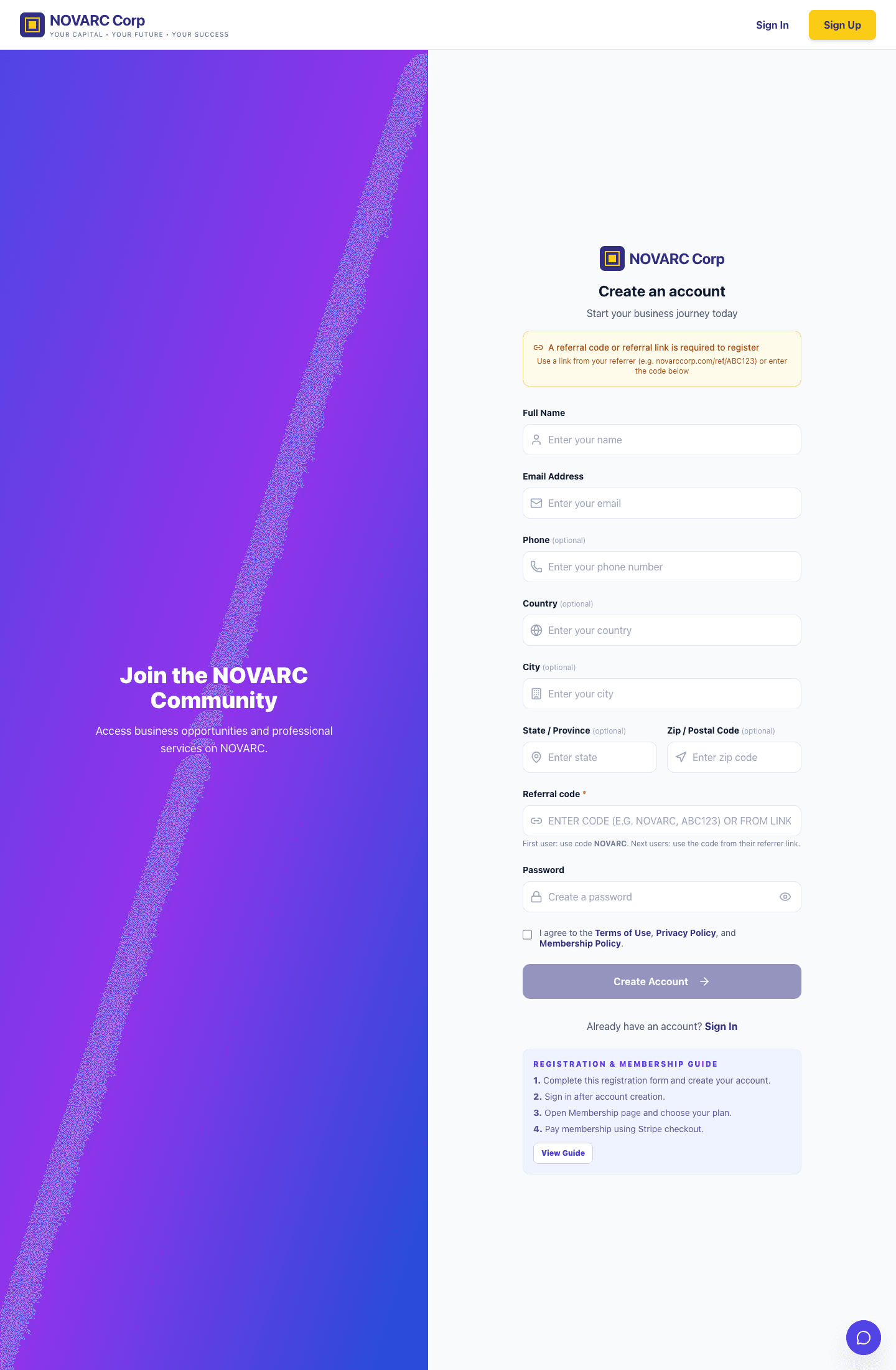 Registration form on website